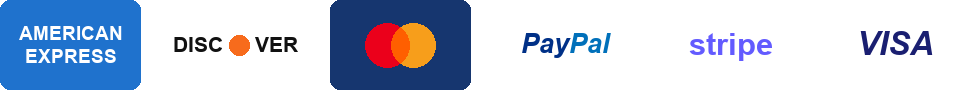 American Express, Discover, Mastercard, PayPal, Stripe and Visa accepted