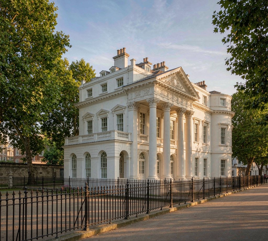 A white-stucco terrace facing a railed garden square in Kensington, London
