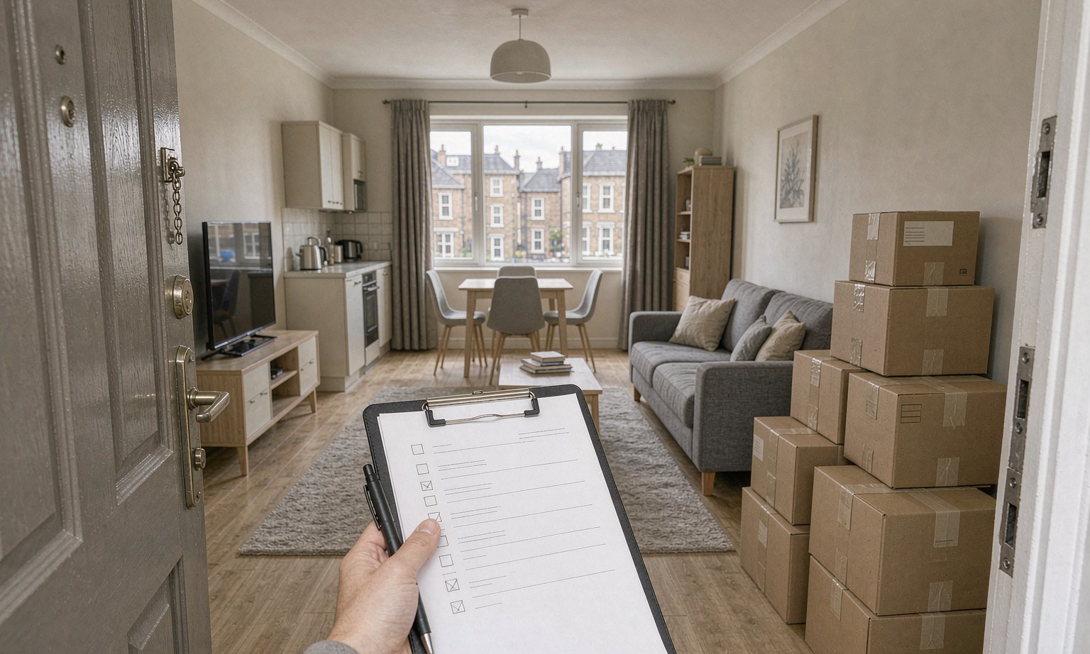 A check-in inventory being completed at the door of a rental flat on moving day