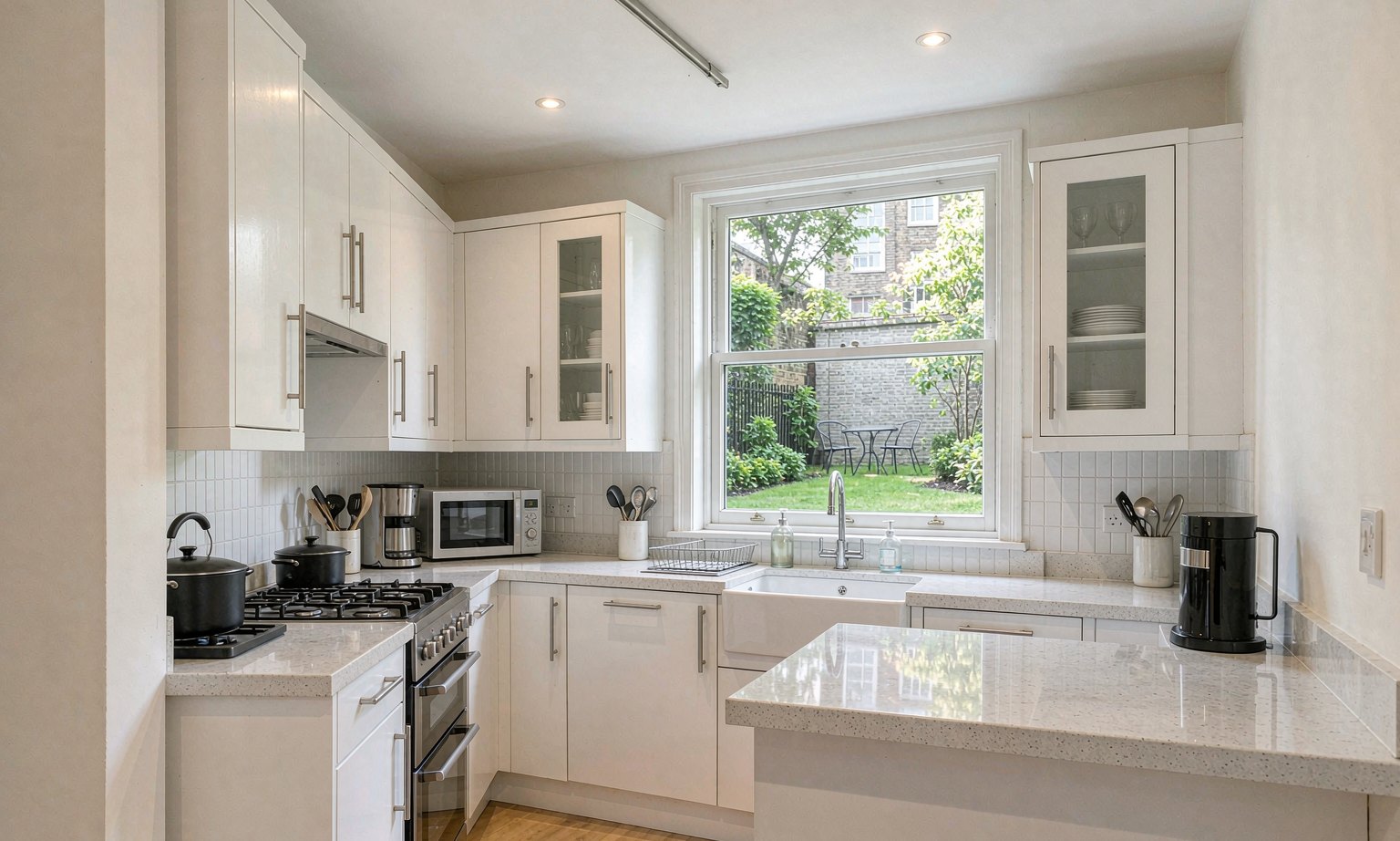 Home A bright kitchen in a rental flat with white cabinets and a window over the garden