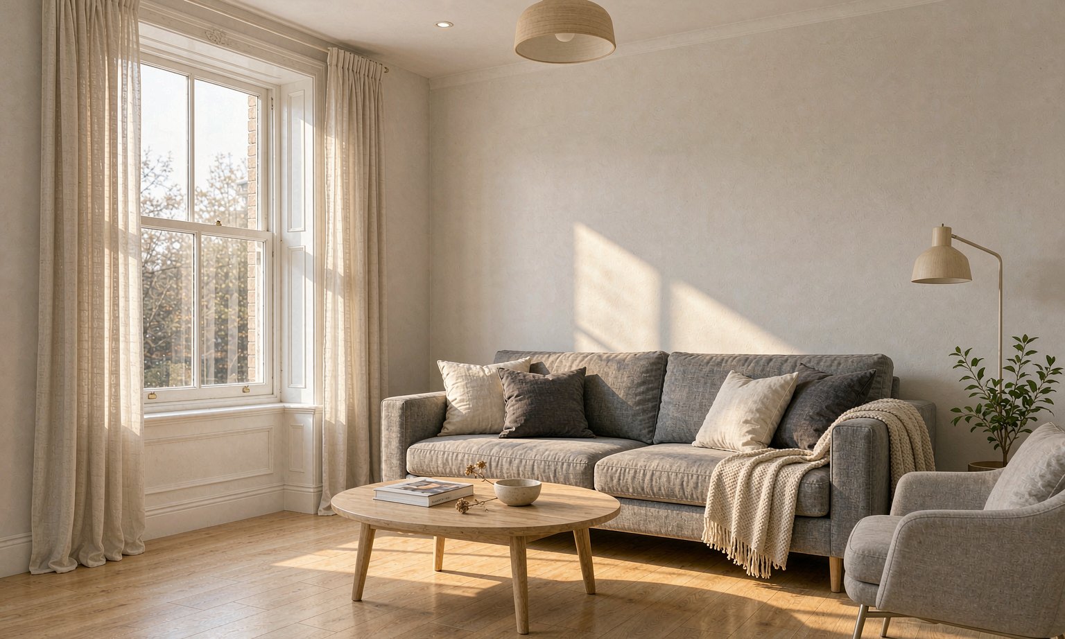 Home A rental flat living room with a grey sofa, sash window and pale oak floor