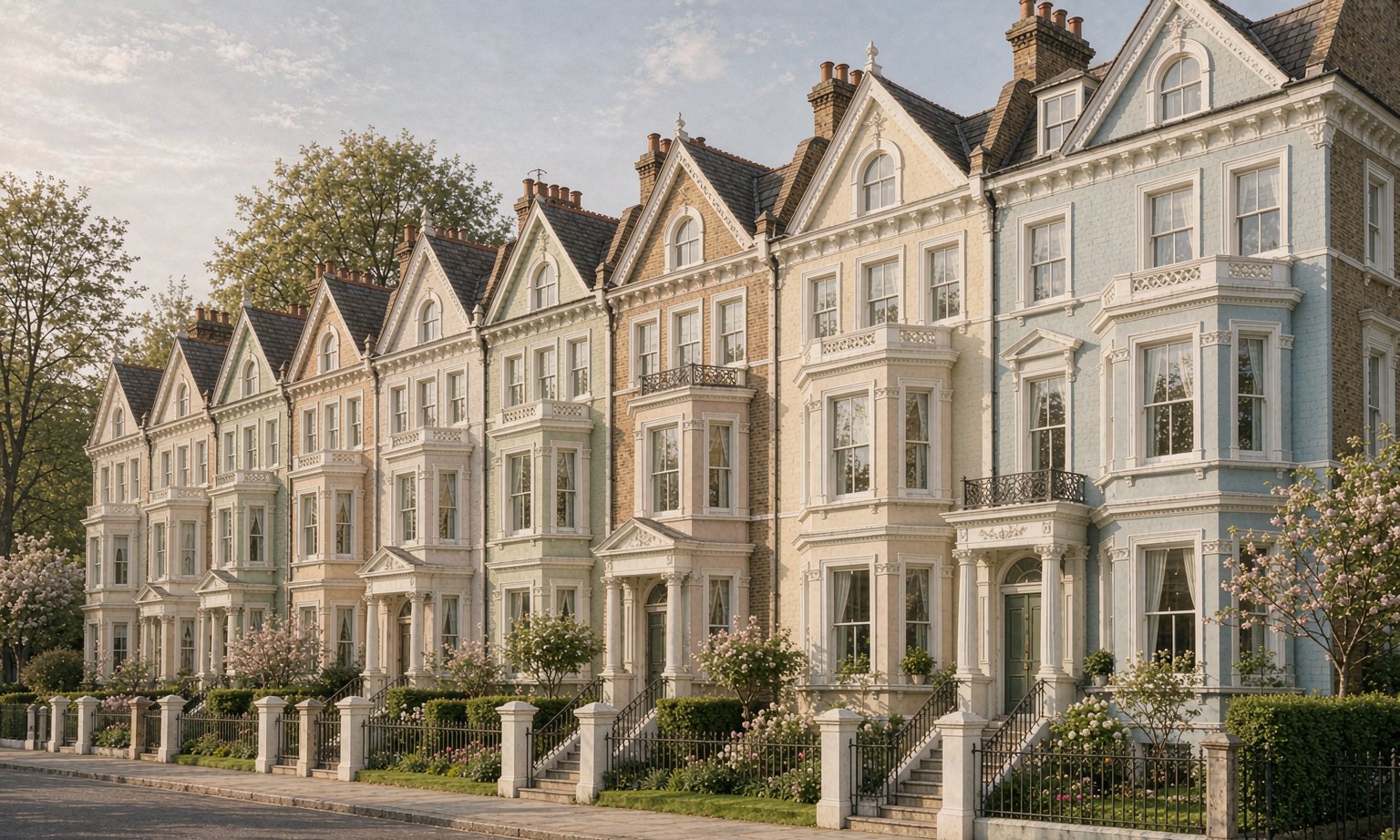 Home A row of pastel-painted Victorian terraced houses on a quiet West London street