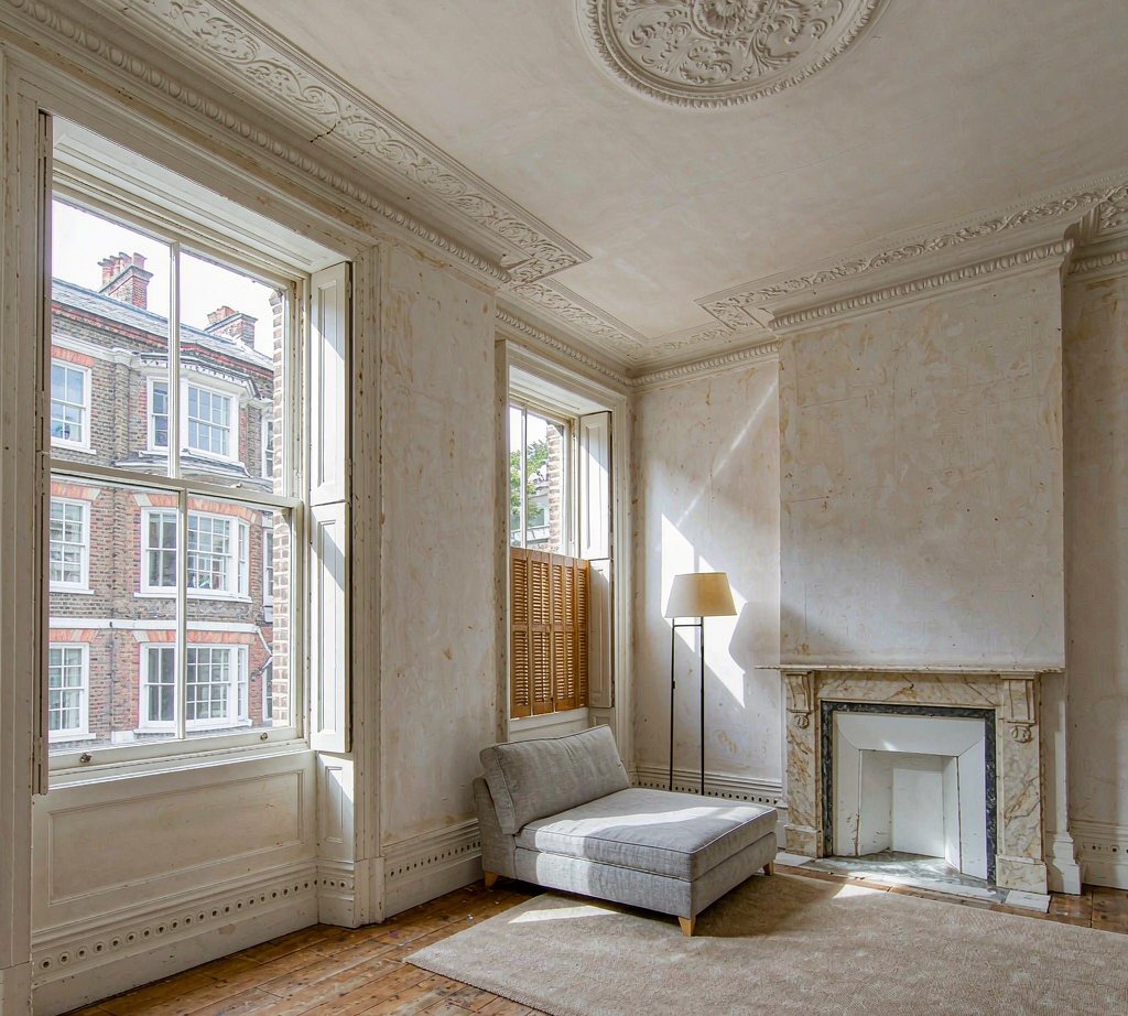A converted period flat interior with high ceilings